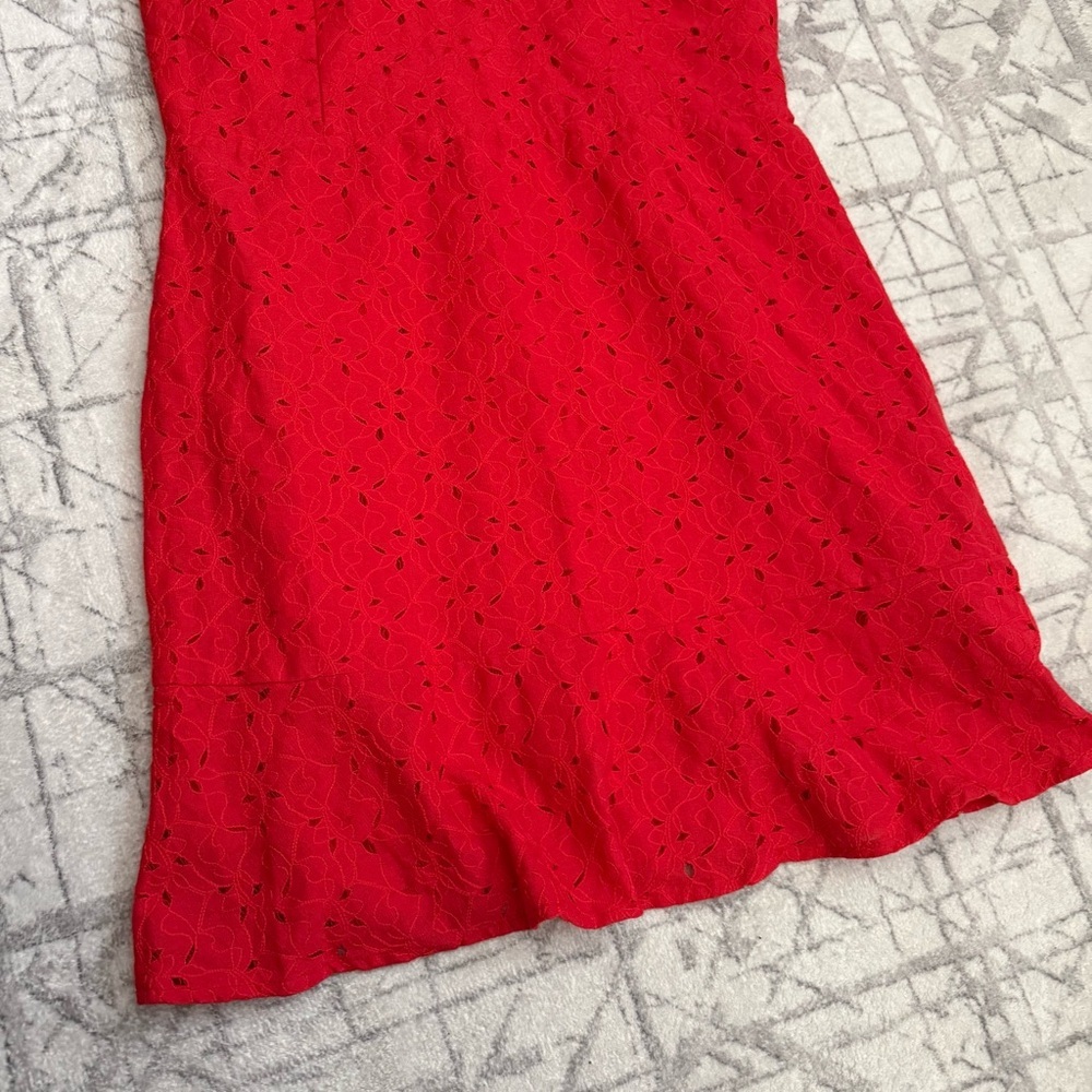 Anthropologie J.O.A Eyelet Drop Waist Dress Red Halter Peplum Ruffle Hem Size L - Picture 7 of 10